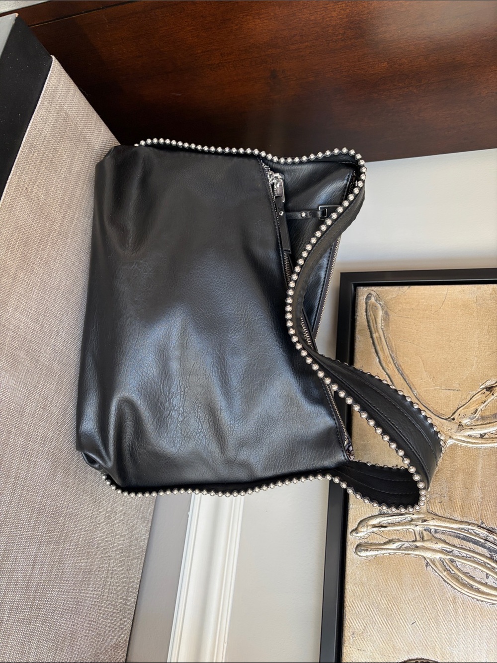 Black Stud-Trim Faux Leather Shoulder Bag